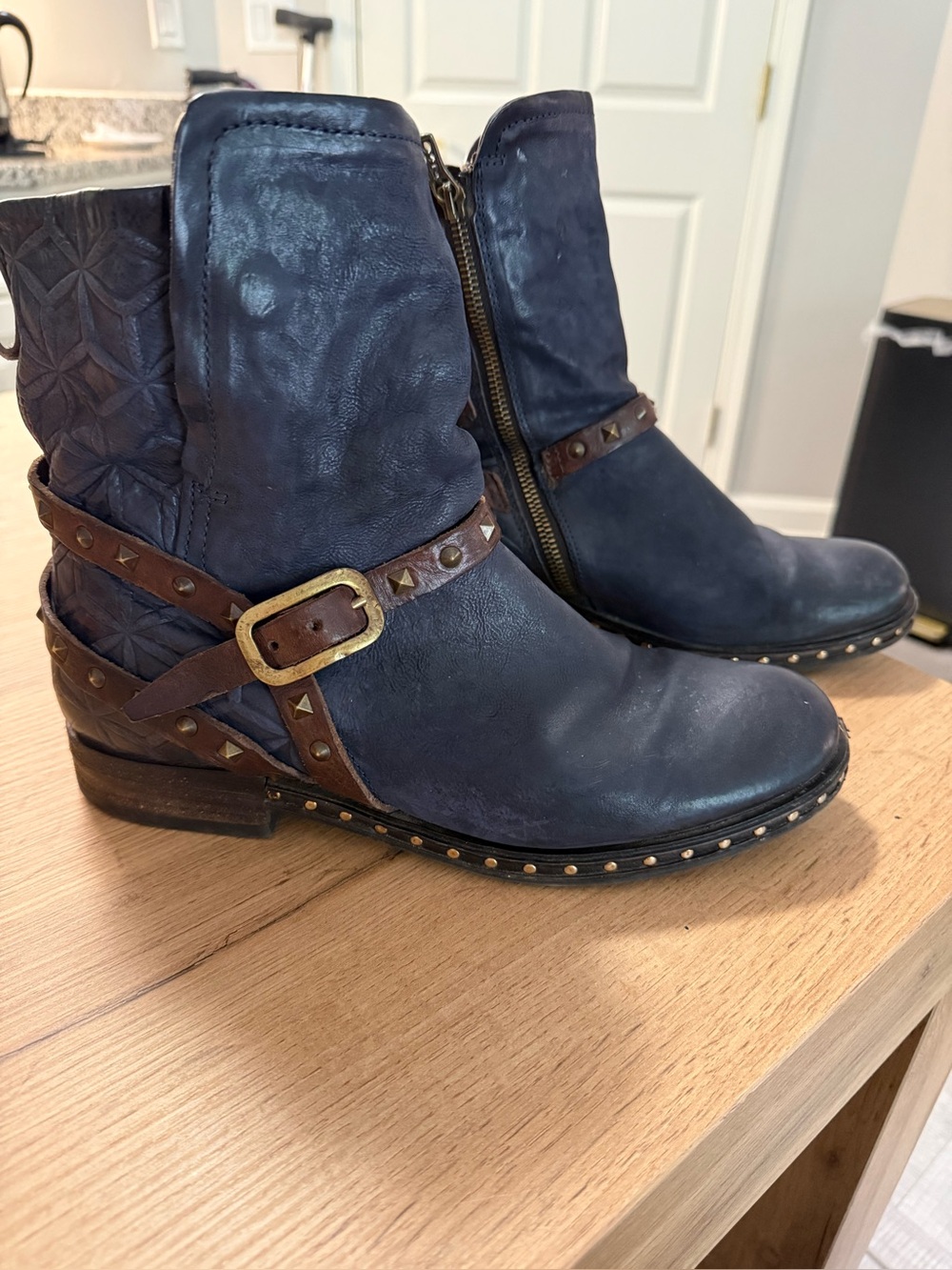 A.S.98 Navy Leather Studded Ankle Boots with Brown Harness